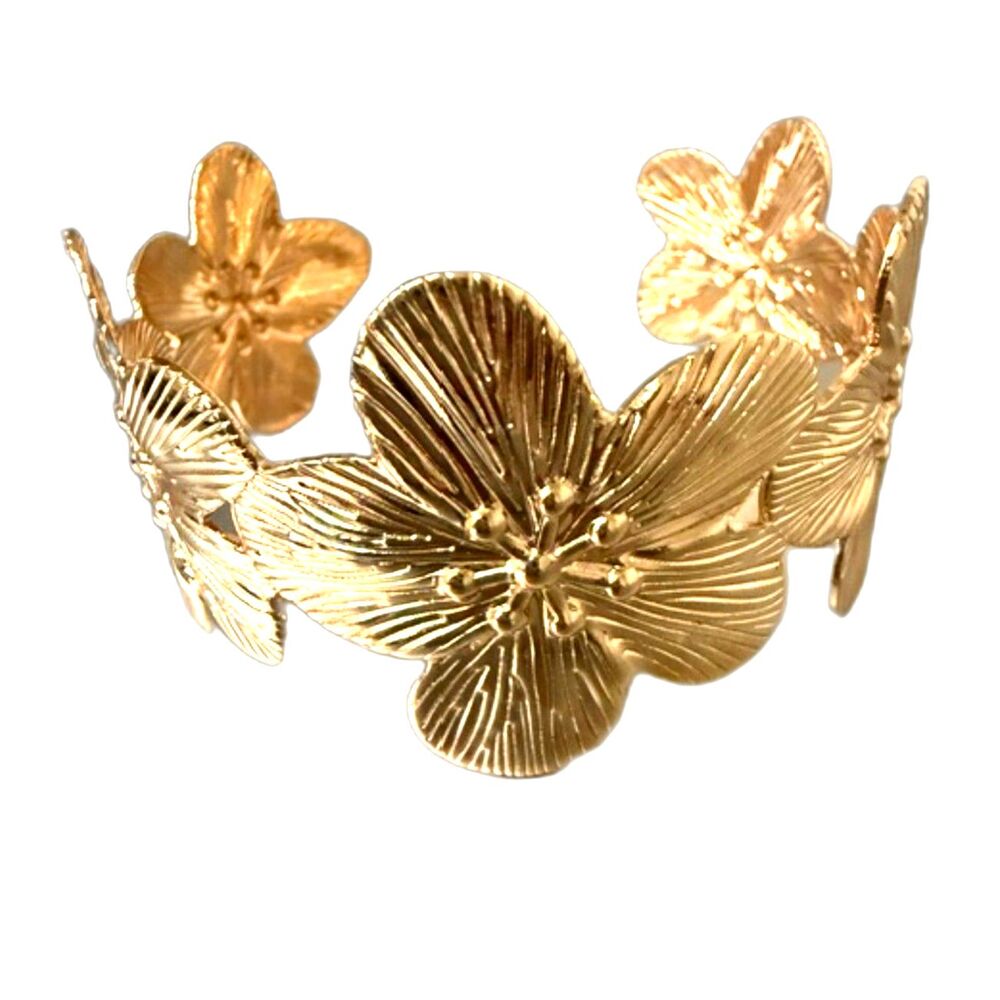 NWT Gold Tone Flowers Cuff Bracelet Open Bangle Adjustable Statement Bracelet